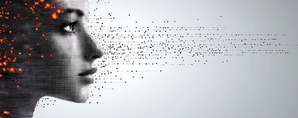 a dotted matrix grid of a face emerging from gray circuit lines on a gray on white background