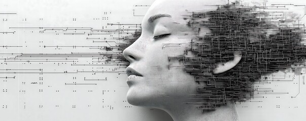 a dotted matrix grid of a face emerging from gray circuit lines on a gray on white background