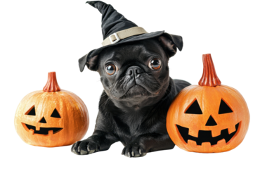 Cute black puppy in a witch hat with carved pumpkins, celebrating Halloween, isolated on transparent background.