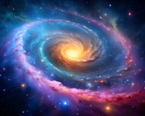 Serene Spiral Galaxy with Glowing Core Surrounded by Colorful Nebula and Stars  background