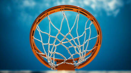 Close-up of a basketball hoop against a blue sky background, shot from a low angle,