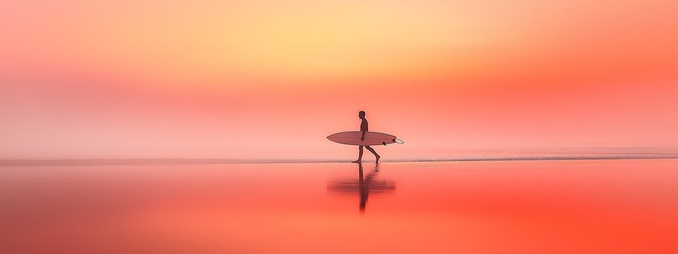Surfer walking on the beach with their surfboard at sunset, long exposure photography. Background is blurred to emphasize the surfer and the ocean, abstract, minimalist composition