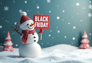 Fototapeta premium Snowman holding Black Friday sale signs, Christmas backdrop, 3D illustration, copy space on a side
