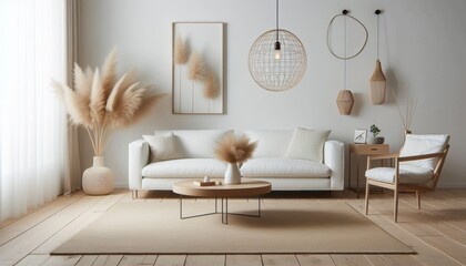 Minimalist living room interior, white sofa, wooden coffee table, pampas grass in vase, geometric pendant light, beige rug on wooden floor, white walls, modern scandinavian design