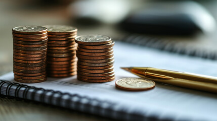  Budgeting concept, Coins and a simple notepad on a clean table, soft lighting, minimal financial setup, copy space on the right