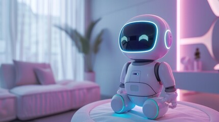Cute and Friendly Futuristic Robotic Companion Exploring Modern Home Interior with Cozy Bedroom Furnishings and