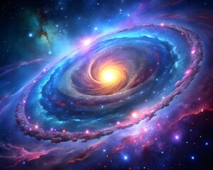 Serene Spiral Galaxy with Glowing Core Surrounded by Colorful Nebula and Stars  background