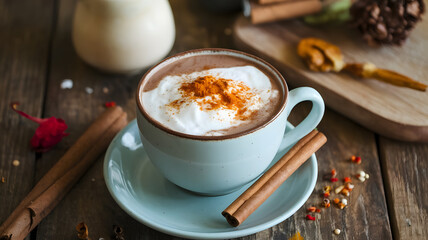 A warm cup of Mexican hot chocolate with cinnamon and a pinch of chili powder, served with a cinnamon stick for stirring.  
