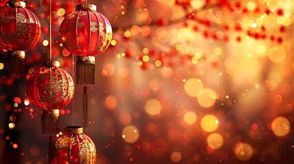 Chinese New Year Festival Background. Chinese New Year the Spring Festival and Japanese style particles, bokeh, and fireworks on a red background.