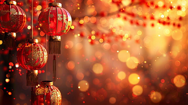 Chinese New Year Festival Background. Chinese New Year the Spring Festival and Japanese style particles, bokeh, and fireworks on a red background.