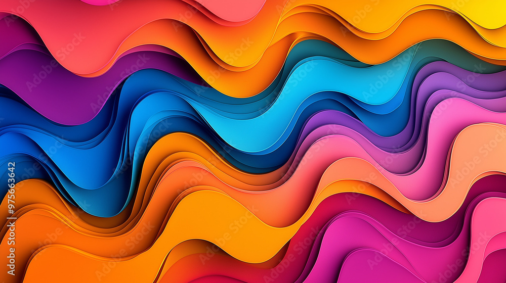 Poster a vibrant and colorful abstract design. it features multiple wavy lines of varying colors, including