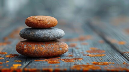 A stack of three smooth, round stones on a weathered wooden surface, a symbol of balance and serenity.