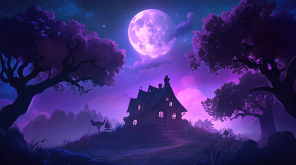 Fototapeta premium Haunted house under full moon, spooky forest with purple hues, mysterious night landscape.