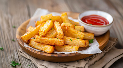 Crispy golden fries served on wooden plate with side of ketchup, garnished with fresh herbs. This delicious dish is perfect for sharing or enjoying as snack.