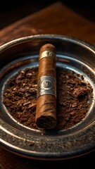 Exquisite Hand-Rolled Cigar Resting Elegantly on a Silver Ashtray 
