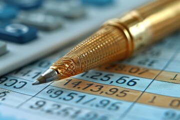 Gold Pen Resting on a Spreadsheet with Numbers