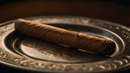 Exquisite Hand-Rolled Cigar Resting Elegantly on a Silver Ashtray 