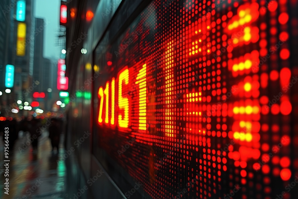 Poster illuminated red led sign displaying numbers in urban setting