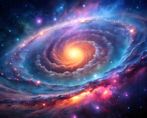 Serene Spiral Galaxy with Glowing Core Surrounded by Colorful Nebula and Stars  background