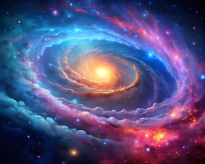 Fototapeta premium Serene Spiral Galaxy with Glowing Core Surrounded by Colorful Nebula and Stars background