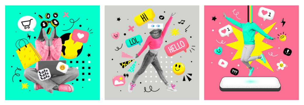 Set of social media posts of diverse people, active users or bloggers, influencers creating selling content, sharing with their followers, with like, comment, save icons below. Art collage, Modern art