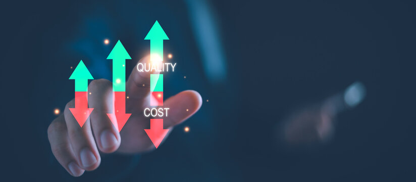 Cost reduction concept. Cost and quality control, business strategy and project management. Businessman with quality control growth graph, cost reduction, effective business and cut budget.