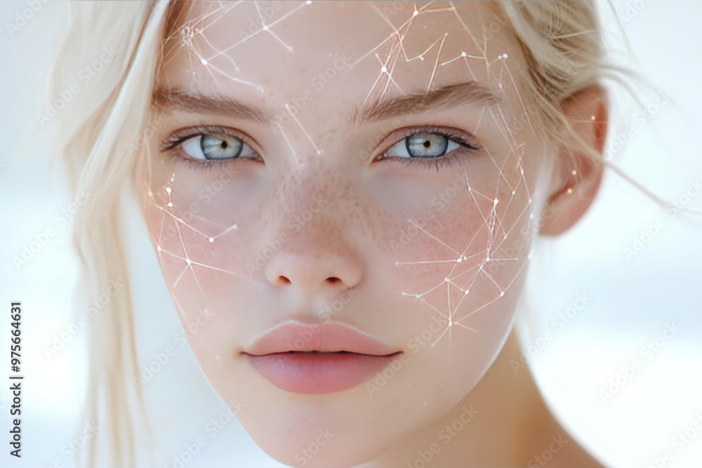 Poster female face with glowing interconnected digital lines symbolizing a futuristic neural network and ai