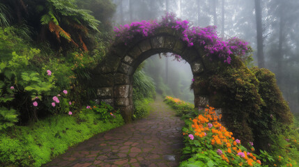 Obraz premium A picturesque scene of an old stone archway, partially covered in lush green foliage and vibrant flowers. The archway is set amidst a misty, forested backdrop, with a pathway leading through it