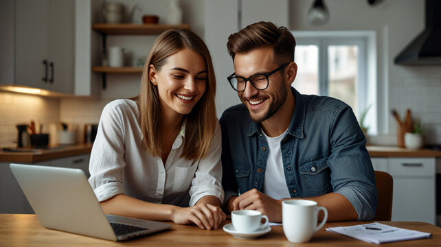 Young couple checking financial documents at home. Husband and wife calculating domestic bills, browsing banking services. Happy couple planning budget, discussing and analyzing finances