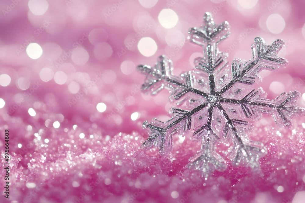Poster a sparkling snowflake rests on a soft pink surface, creating a whimsical winter scene.