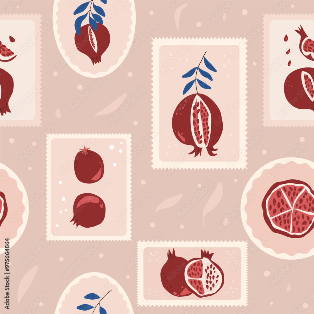 Aufkleber vector pomegranates emblem seamless pattern. rectangle badge repeat surface background.