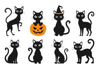 A set of black and orange Halloween cat illustrations. The cats are all sitting or standing in various poses, with one of them holding a pumpkin. Scene is spooky and festive, with the orange pumpkin