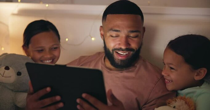 Father, children and tablet in bedroom at night for elearning games, educational storytelling or reading funny ebook at home. Dad, girls and happy kids watch multimedia, app and digital bedtime story