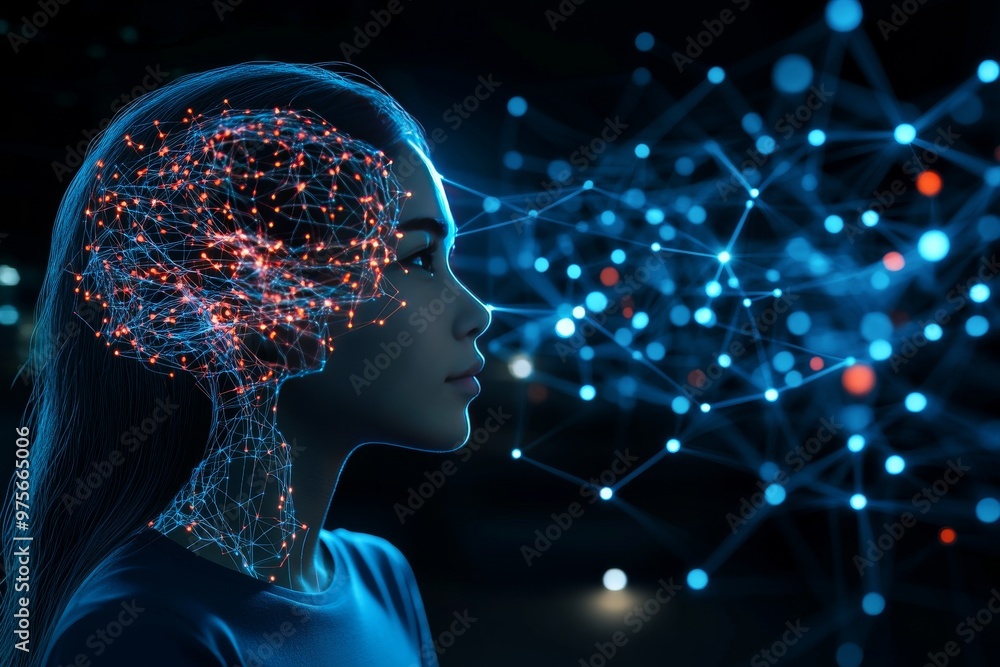 Poster silhouette of a woman with glowing brain connections and network nodes representing artificial intel