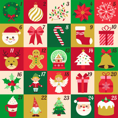 A colorful Christmas calendar with various festive images and numbers. The calendar features a variety of Christmas decorations such as a gingerbread man, a snowman, a reindeer, and a Santa Claus