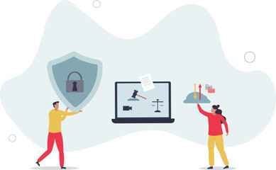 Court services online and tech usage for legally purposes .flat design with people.