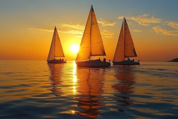 Sailboats Navigating Calm Waters at Sunset
