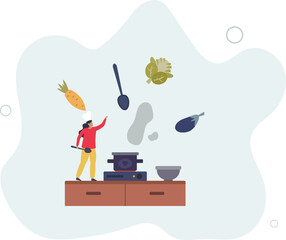 Woman makes soup. Household chores, routine, tasty and healthy food. Diet, taking care of your health, weight loss.flat design with people.