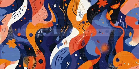 Colorful abstract illustration featuring flowing shapes and floral elements.