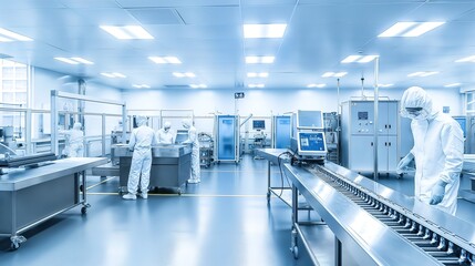 Obraz premium Advanced electric vehicle battery production line with robotic arms assembling lithium-ion cells. Futuristic factory interior featuring conveyor belts, technicians in clean room suits, high-tech machi