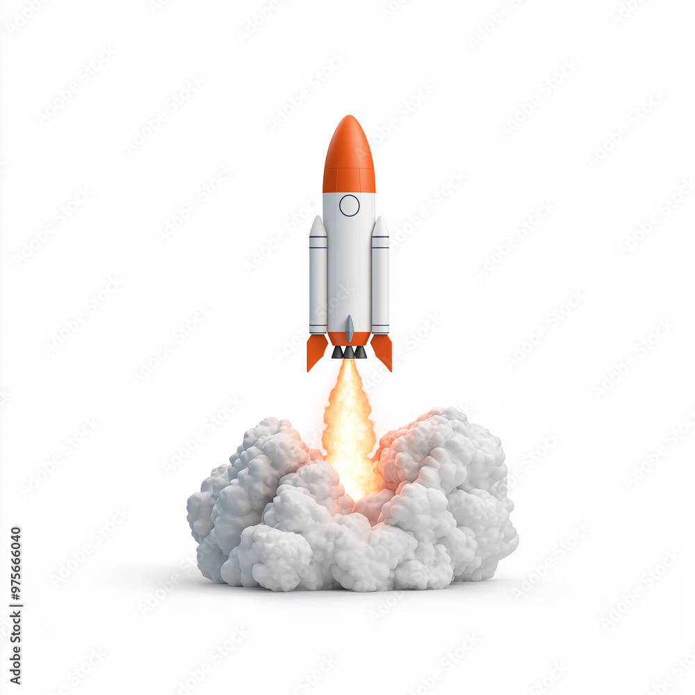 Poster a modern space rocket is launching into sky, surrounded by clouds of smoke and flames. vibrant orang