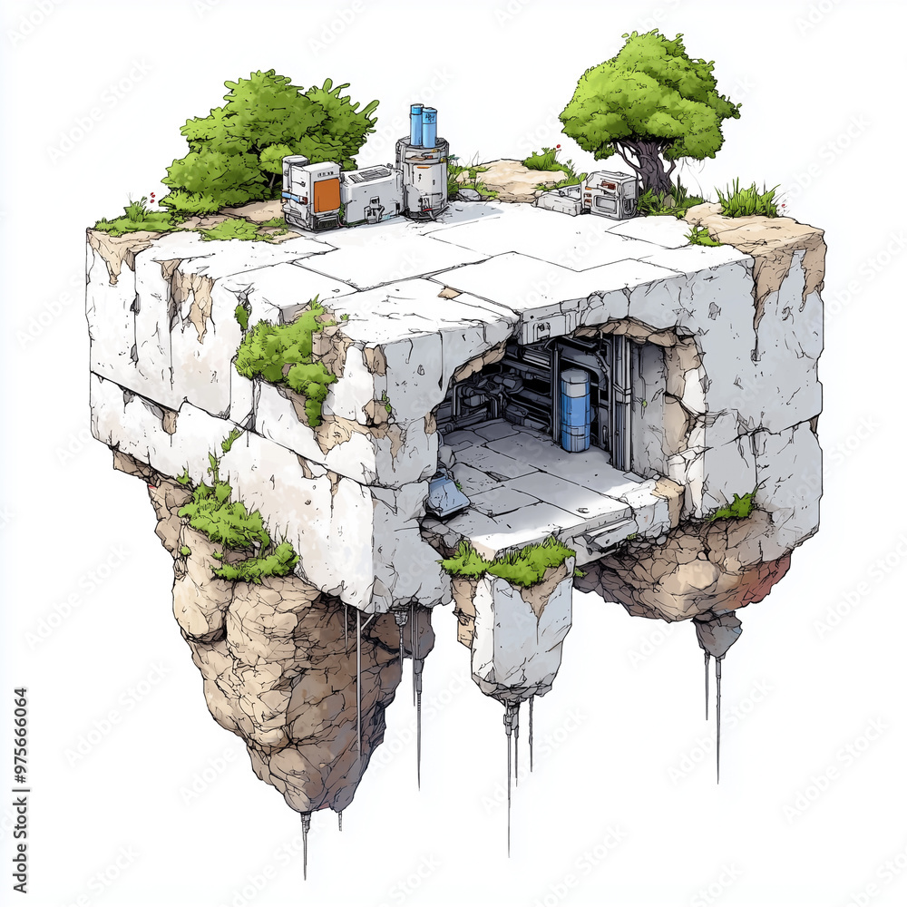 Poster Isometric view of sci fi island featuring floating structure with greenery and futuristic elements. scene evokes sense of adventure and exploration in unique environment