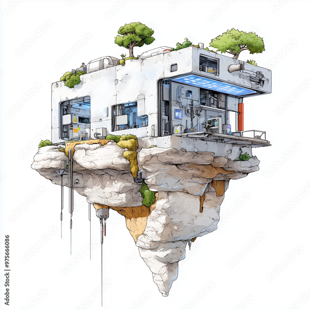 Aufkleber Isometric view of sci fi island featuring modern, futuristic building with greenery on floating rock. design combines technology and nature, creating unique and imaginative environment