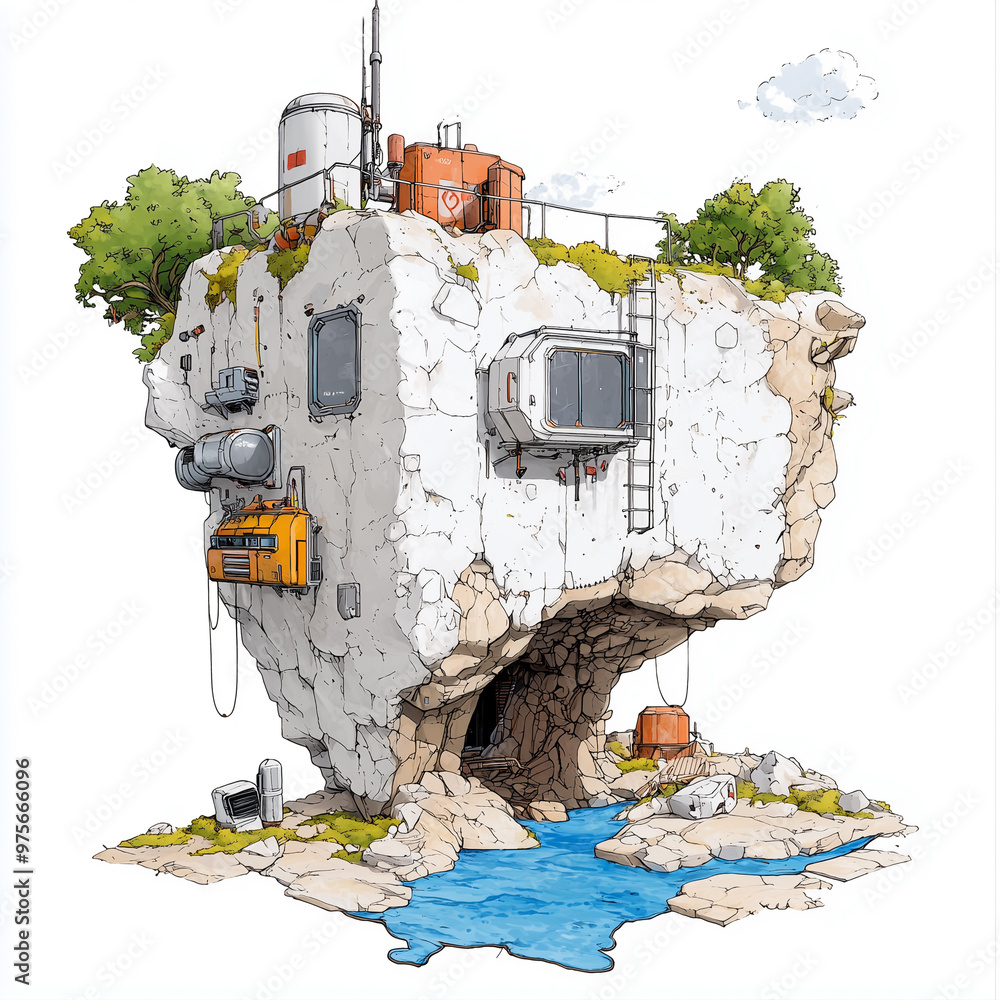 Poster a unique sci fi island structure with rocky base, featuring modern technology and greenery, set agai