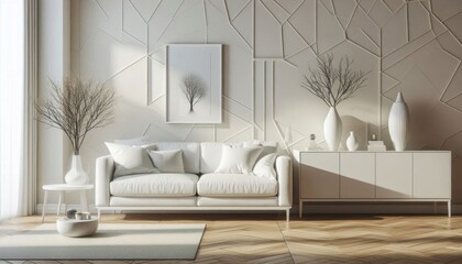 A modern minimalist living room interior, a white lacquered sideboard with geometrically arranged framed artworks placed on top, parquet herringbone hardwood flooring, a white armchair, gray accent wa