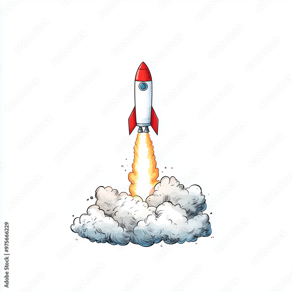 Poster a vibrant space rocket is launching against white background, surrounded by clouds and flames, symbo