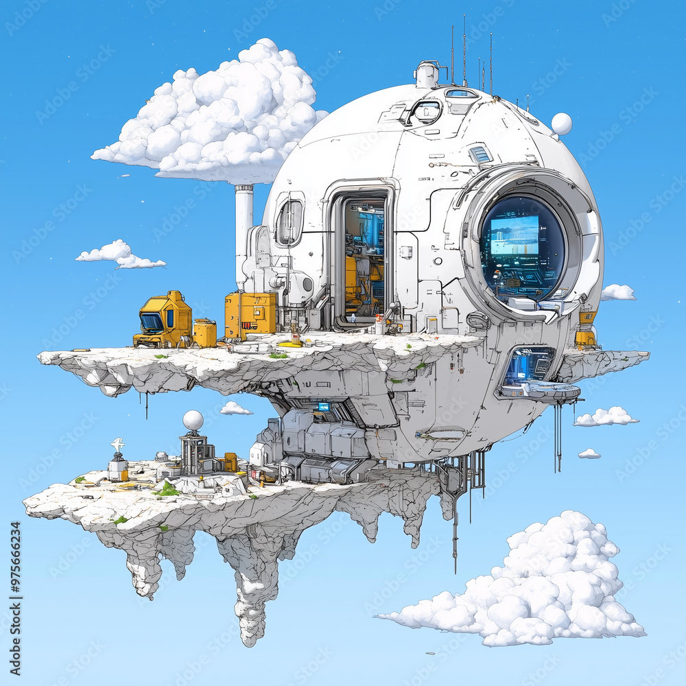 Poster isometric view of sci fi islands with futuristic structure on white background, showcasing advanced 