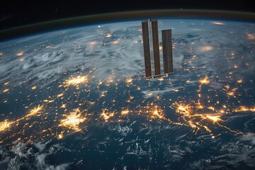 The International Space Station Over Earth at Night with City Lights