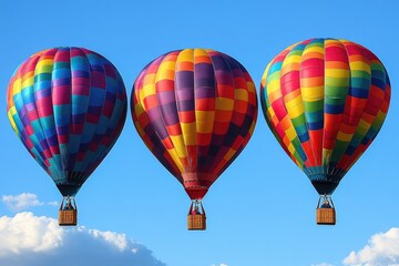Naklejka premium Three Colorful Hot Air Balloons Soaring Through a Blue Sky