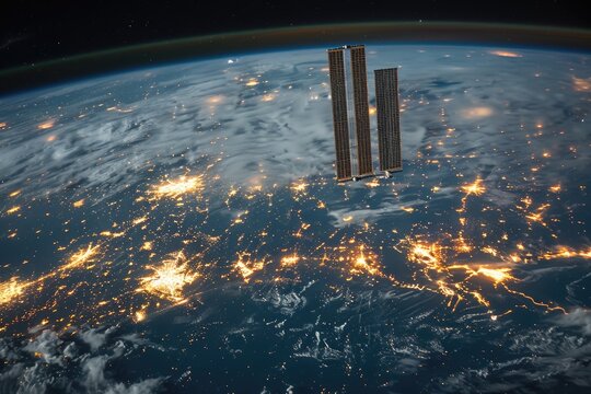 The International Space Station Over Earth at Night with City Lights